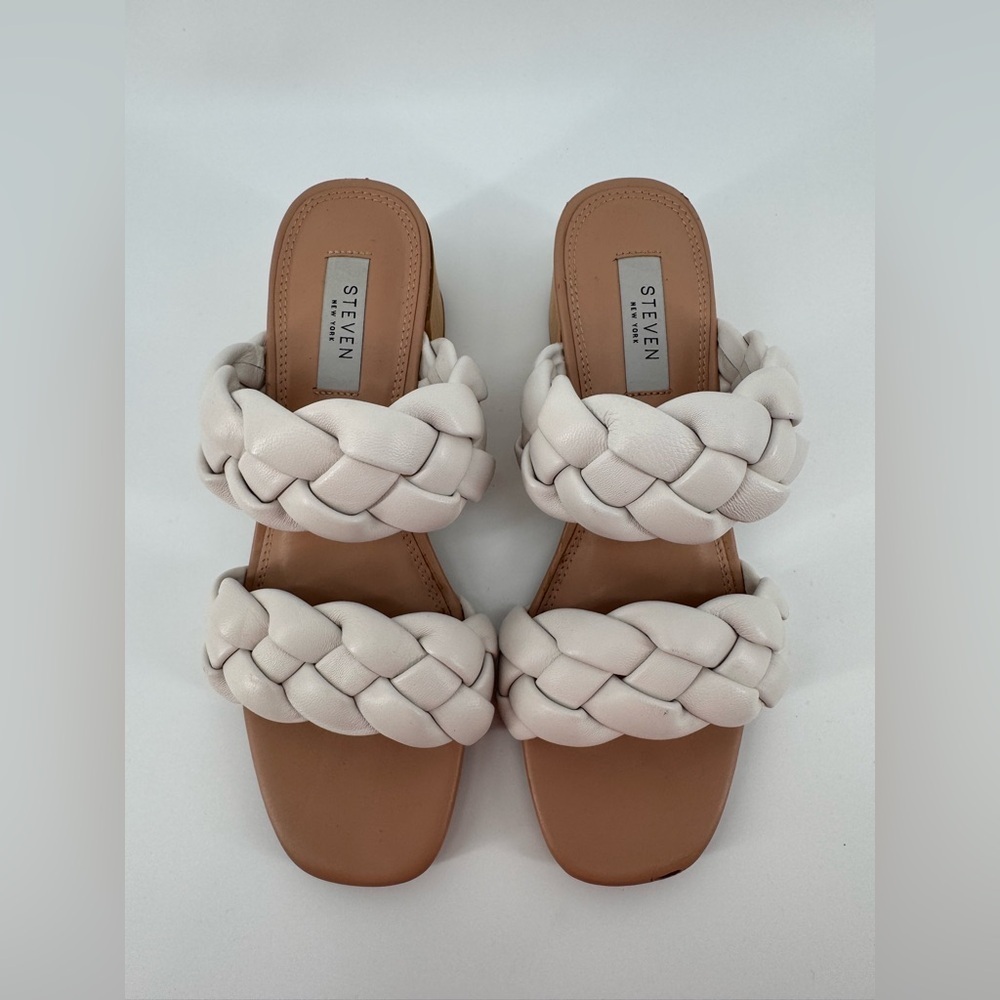NWT Steven NY Beliza Cream Leather Braided Double Strap Block Heel Sandals 8 - Picture 2 of 4